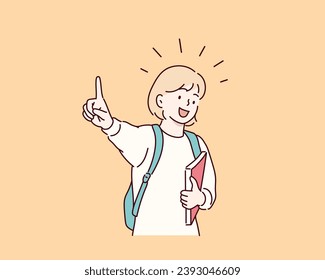 A child from school holds a textbook and points his finger up. Hand drawn style vector design illustrations.