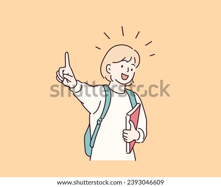 A child from school holds a textbook and points his finger up. Hand drawn style vector design illustrations.