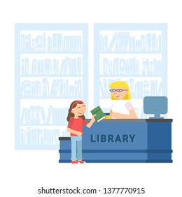 Child in school library flat illustration. Girl buying textbook in bookstore. Smart college student with book color drawing. Librarian in glasses cartoon character. Schoolgirl choosing literature