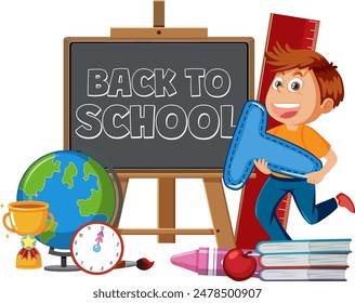Child with school supplies and chalkboard