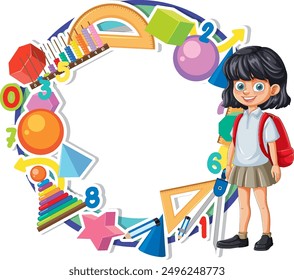 Child with school supplies and geometric shapes