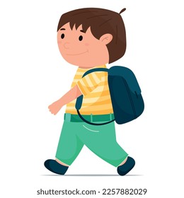 Child schoolboy walking with a school backpack. Vector isolated cartoon illustration.