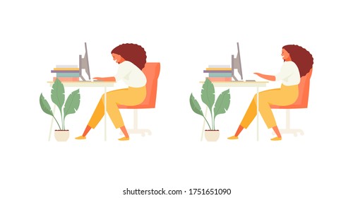 Child schoolgirl at the desk with correct and incorrect posture