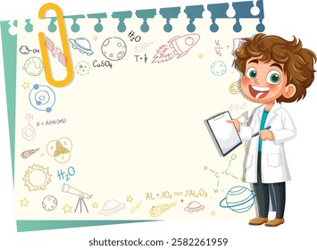 Child scientist with chemistry and space illustrations