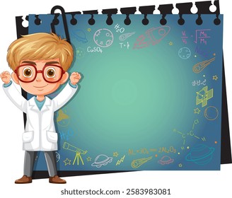 Child scientist with colorful science-themed doodles