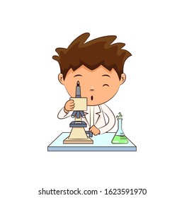 Child scientist using microscope, cute kid