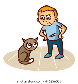 Child scolds cat. Vector illustration