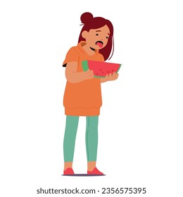 Child Scrunches Face, Shakes Head, Pushes Away Watermelon. Girl Pouts, Protests Against Tasting Juicy Fruit, Displaying Strong Dislike For Its Texture And Taste. Cartoon People Vector Illustration