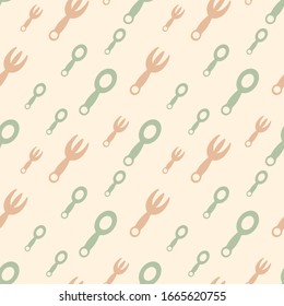 Child seamless background with fork and spoon on light background. Plastic Cutlery for the baby. Children's dining room , cafe. Flat vector illustration.