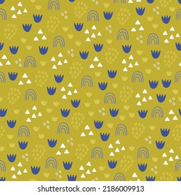 Child seamless pattern with abstract geometric shapes, triangles, rainbows on yellow background. Perfect for greeting card, wallpaper, wrapping paper, fabric, nursery decoration. Vector illustration