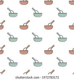 Child Seamless pattern with baby dishes, baby feeding utensils. The concept of eating. Vector illustration for fabric, paper.