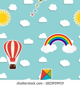 Child seamless pattern background with rainbow, sun, cloud, kite and balloon. Vector Illustration EPS10