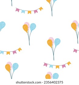Child seamless pattern with bunch of helium balloons and garland flags for the holiday  in cartoon on white background for fabric textile, print, wallpaper, apparel, wrapping