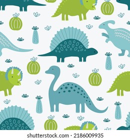 Child seamless pattern with cactus and dinosaurs on white background. Perfect for greeting card, wallpaper, wrapping paper, fabric, nursery decoration. Vector illustration