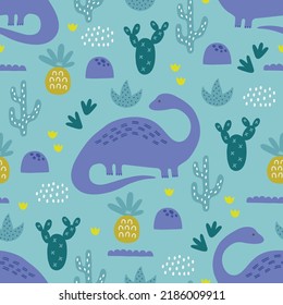 Child seamless pattern with cactus, pineapple, dinosaurs on turquoise background. Perfect for greeting card, wallpaper, wrapping paper, fabric, nursery decoration. Vector illustration