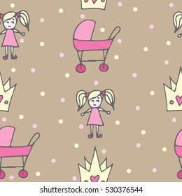 Child seamless pattern with crone, pink carriage and doll. Vector background for textile or book covers, manufacturing, wallpapers, print, gift wrap and scrap booking.