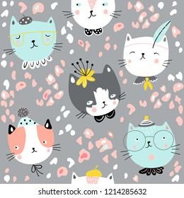 Child seamless pattern with cute cat faces. Vector baby design for fashion apparels, fabric, textile; wrapping and wallpaper.