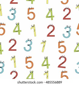 Child seamless pattern cute colorful numbers with eyes and mouth on white background
