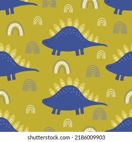 Child seamless pattern with dinosaurs and rainbows on yellow background. Perfect for greeting card, wallpaper, wrapping paper, fabric, nursery decoration. Vector illustration