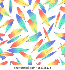 Child seamless pattern. Festive bright feathers. Vector illustration isolated on white background.
