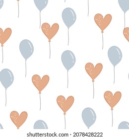 Child seamless pattern with flying blue and red colorful balloons for design, fabric, print, wallpaper on white background in cartoon style