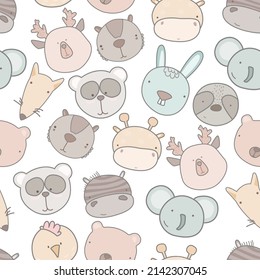 Child seamless pattern with hand drawn animals. Seamless background with funny animals head.  baby style great for fabric and textile, wallpapers