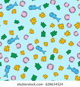 Child seamless pattern on a marine theme with fish, turtle and crab on a blue background.