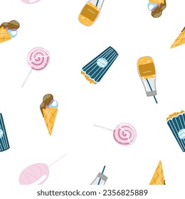 Child seamless pattern with soda, cocktail with a straw, ice cream cone with chocolate, pink lollipop, popcorn in cartoon on white background for fabric textile, print, wallpaper, apparel, wrapping