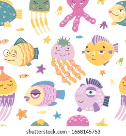 Child seamless pattern. Underwater with fishes and corals. Vector illustration.