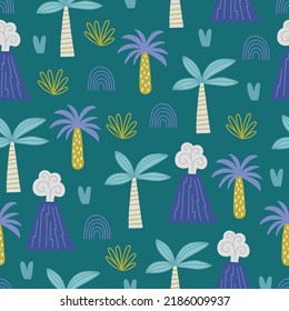 Child seamless pattern with volcano, rainbows, palm trees, bush, grass on green background. Perfect for greeting card, wallpaper, wrapping paper, fabric, nursery decoration. Vector illustration