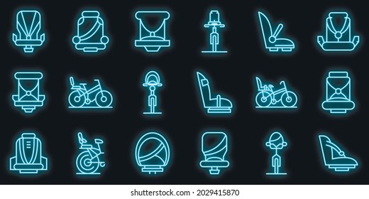 Child seat bike icons set. Outline set of child seat bike vector icons neon color on black