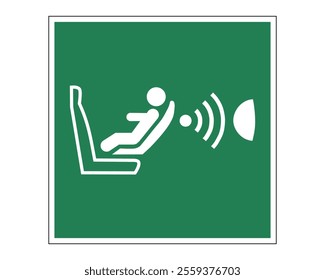 Child Seat Presence and Orientation Detection System (CPOD) Sign Featuring a Green Background with White Icon of Child Seat and Detection Lines, Available as a Vector File, ISO 7010 E014