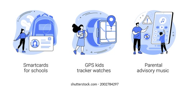 Child security abstract concept vector illustration set. Smartcards for schools, GPS kids tracker watches, parental advisory music, school attendance system, parental control abstract metaphor.