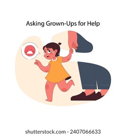 Child seeking assistance concept. A small girl reaches out to an adult for help, expressing her distress with a sad facial icon, highlighting the importance of adult guidance. Flat vector illustration