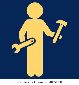 Child Serviceman vector icon. Style is flat symbol, yellow color, rounded angles, blue background.
