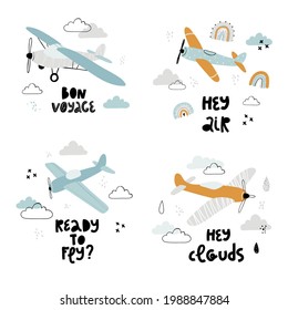 Child set with cute plane, rainbows, clouds and hand drawn text. Vector funny aircraft for baby graphic suit printing. Kids print with lettering. Greeting card design.Trendy scandinavian print.