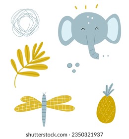 Niño con cabeza, cara de elefante, garrafas redondas, ramificación con hojas, libélula de insectos, piña. Ilustración vectorial sobre fondo blanco para tarjeta, impresión, pegatina, postal