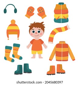 A child and a set of winter clothes. Vector illustration
