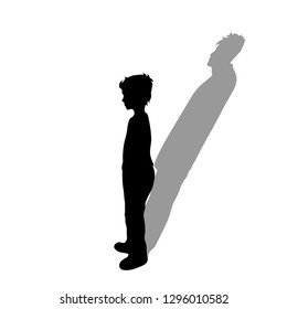 Child with shadow of adult man. Vector silhouette on white background. Illustration of boy aging symbol.