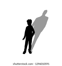 Child with shadow of adult man. Vector silhouette on white background. Illustration of boy aging symbol.