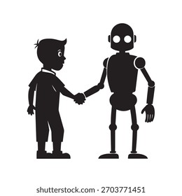 Criança apertando as mãos com robô humano e AI amizade Silhueta Vetor ilustração