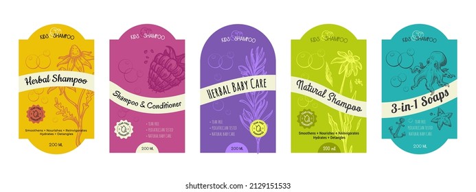 Child shampoo label, baby care cosmetic package set. Foam gel for kids skin, hair health sticker design set, vector illustration. Isolated on white lotion emblem with hand drawn element