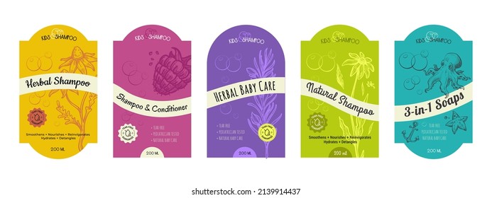 Child shampoo label, baby care cosmetic package set