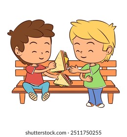 Niños compartiendo comida, Ilustración vectorial