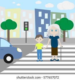A child shepherds an elder man across the road on the crosswalk while traffic light shows green
