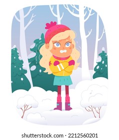 Child shivering in cold weather vector illustration. Cartoon cute girl wearing warm jacket, hat, mittens and boots, little kid standing in winter frozen forest landscape with snow. Hypothermia concept