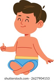 Child with short hair sits cross-legged, smiling and gesturing with one hand in a playful cartoon style. The young boy appears relaxed and content, exuding happiness. Cartoon vector illustration.