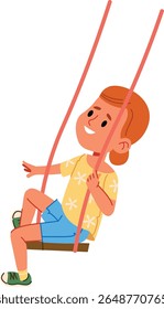 A child with short hair swings joyfully in a playful cartoon style. The young figure enjoys the swing with a cheerful expression and casual attire. Cartoon vector illustration.
