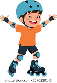 The child shows excitement while skating joyfully.