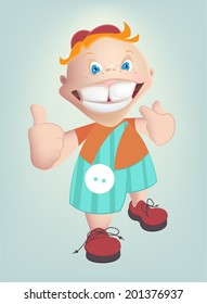 The child shows healthy teeth. Vector cartoon illustration